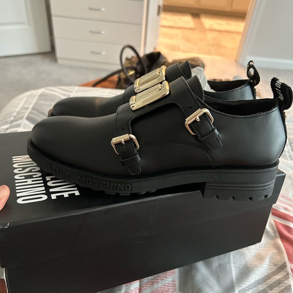 Love Moschino Black Loafers with Gold Accents